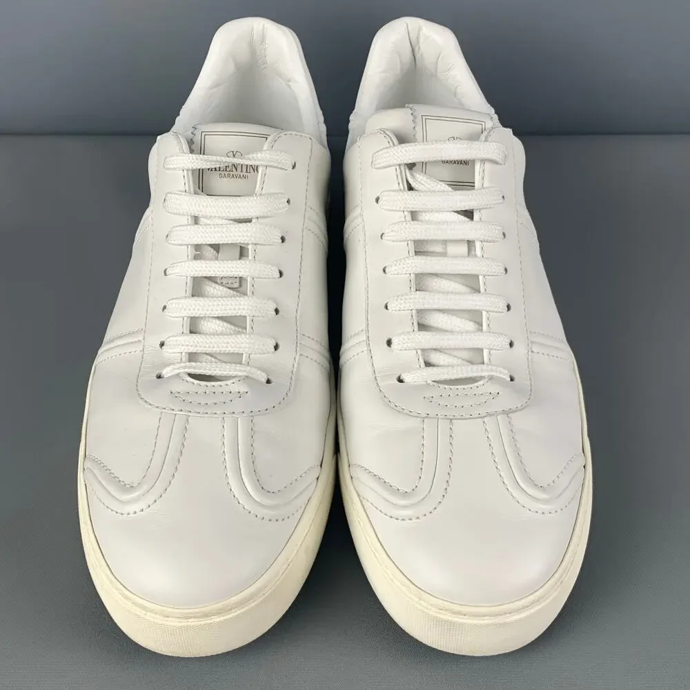 VALENTINO Size 12 White Studded Leather Lace Up Sneakers